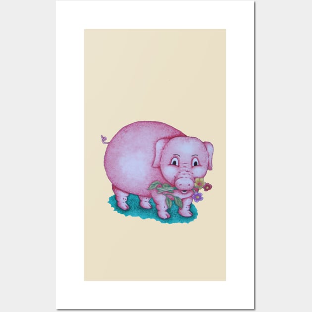 Cute piggy with  flowers illustration Wall Art by pollywolly